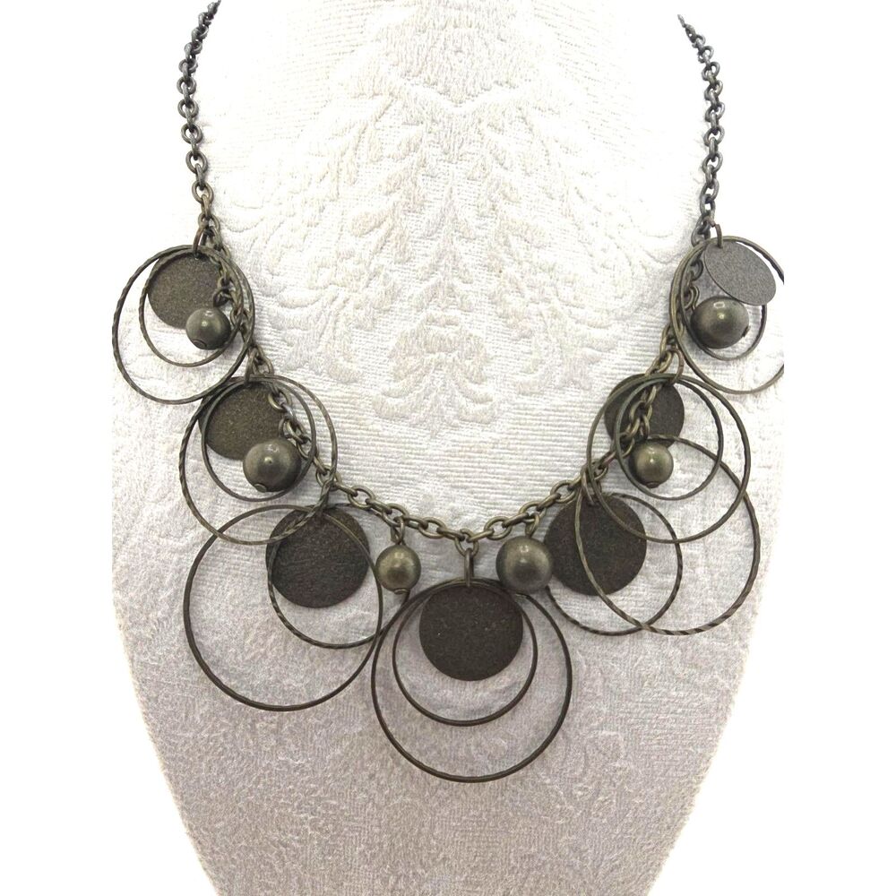 Bronze Tone Geometric Statement Necklace Multi-Hoop Disc 16" BohoChic Industrial